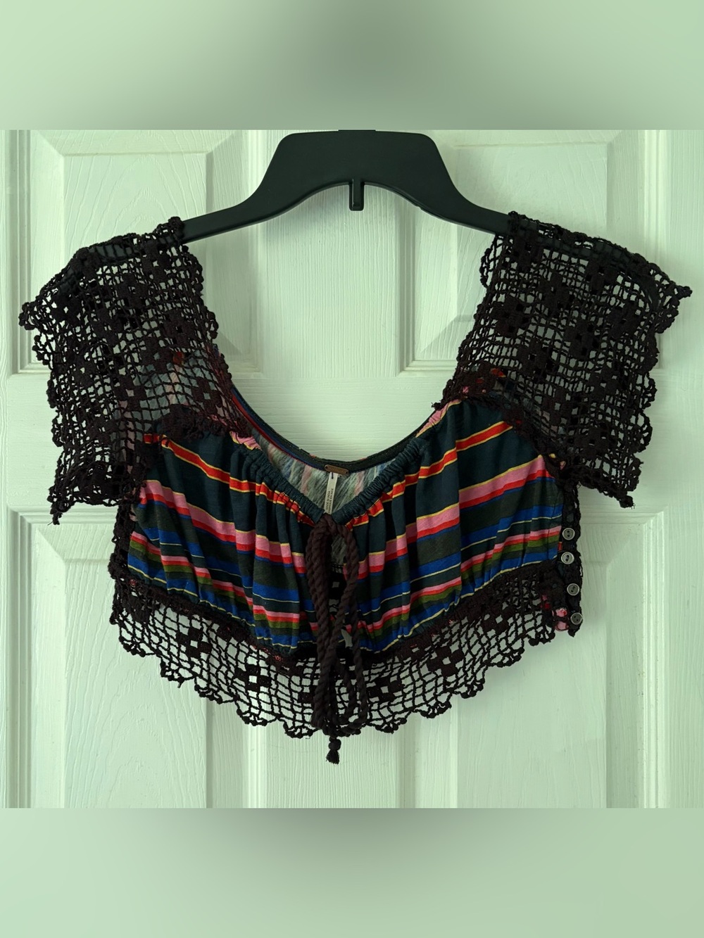 Free People Black Crochet-Trim Striped Crop Top